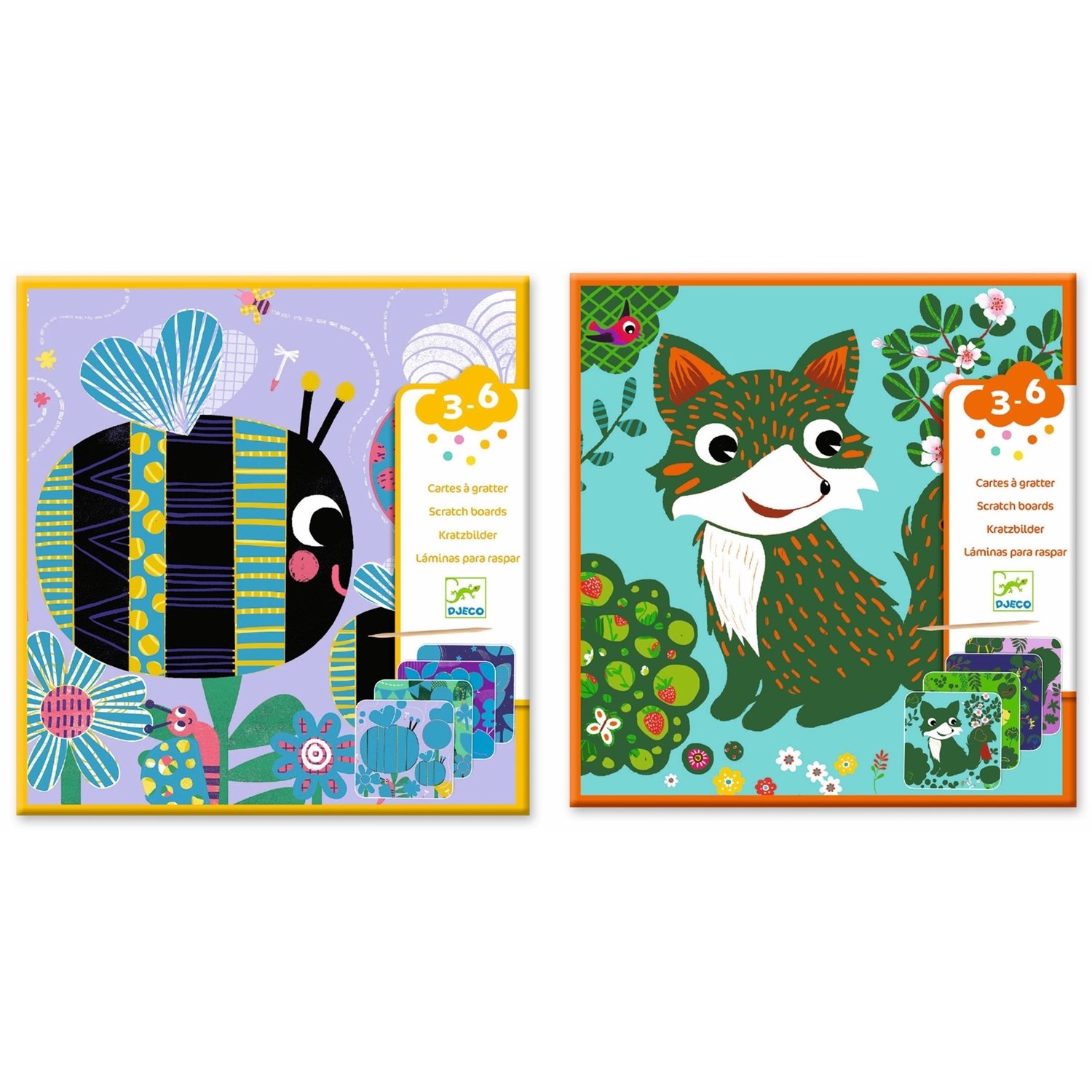 Djeco DJ09092 DJ09093 Kratzbilder 2er Set Tiere vom Land + Käfer